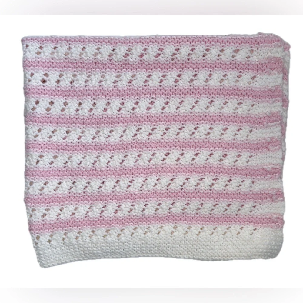 Pink White Crochet Baby Afghan Handmade Cottage Core Barbiecore Nursery